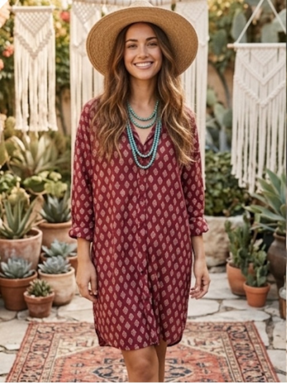 Free People Y2K Burgundy Button Down Long Sleeves Shirt Bohemian Dress Size XS